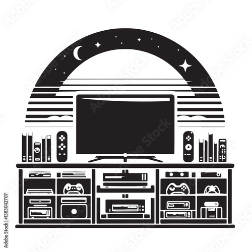 Black Color Entertainment Center Silhouette Vector Illustration, Solid White Background