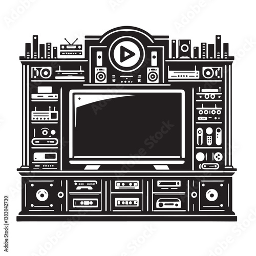 Black Color Entertainment Center Silhouette Vector Illustration, Solid White Background