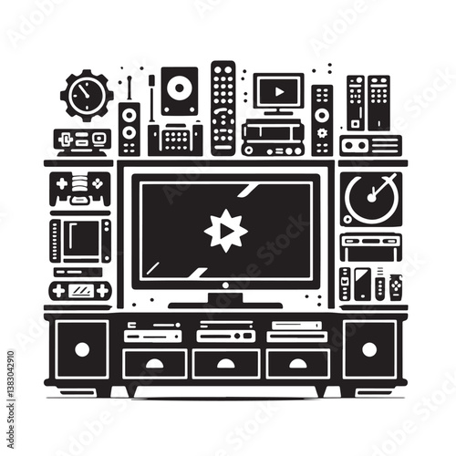 Black Color Entertainment Center Silhouette Vector Illustration, Solid White Background