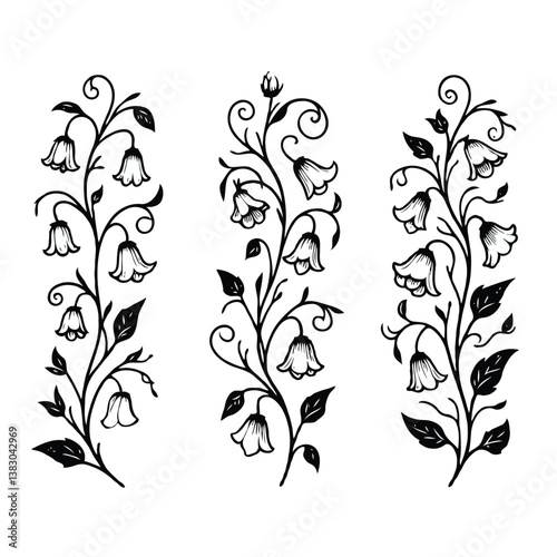 Set of twigs, branches of leaves, doodle floral pattern. Hand drawn Botanical drawing. Detailed line art bluebell, Campanula vine illustration. Outline Simple Stylized Art, harebell flowers blossom