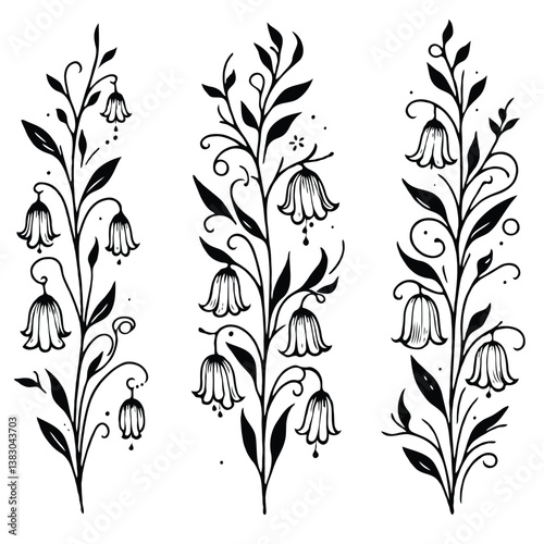 Set of twigs, branches of leaves, doodle floral pattern. Hand drawn Botanical drawing. Detailed line art bluebell, Campanula vine illustration. Outline Simple Stylized Art, harebell flowers blossom