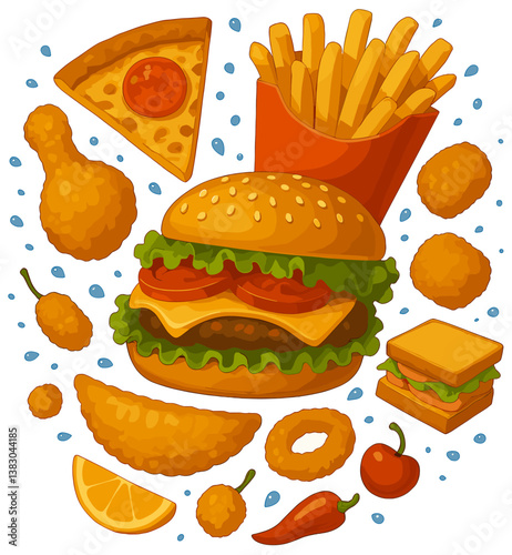 Fast Food Vector Illustration, Realistic fast food illustration, pizza, burger, sandwich, bread, chicken, rings, french fries, potato chips, bread, health, lifestyle, tomato, cheese, slice