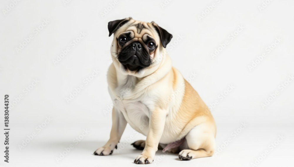 Adorable pug dog sits alone, white background, puppy, isolated dog, canine portrait Adorable pug dog sits alone, white background, puppy, isolated dog, canine portrait