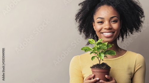 Woman holding plant pot smiling happy environmental care growth gardening sustainable lifestyle portrait