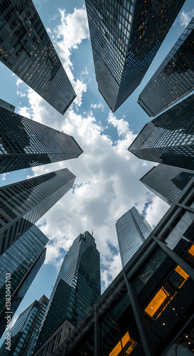 Low angle shot of several Skyscrapers-In a Business Environment-Blue Sky -White Clouds