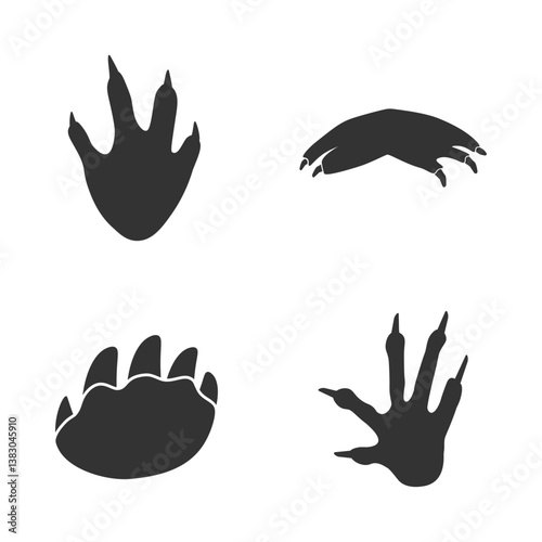 Reptiles footprints silhouettes set isolated on white background, such as idea of logo in gray.  Crocodile, Iguana, Chameleon, Turtle foot print. Stock vector. EPS10.