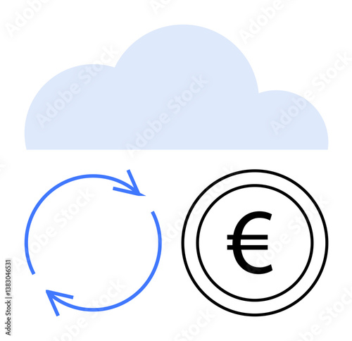Cloud symbol above circular arrows and Euro symbol, representing data exchange, online storage, currency transfer. Ideal for technology, finance, e-commerce, fintech, global trade cloud services