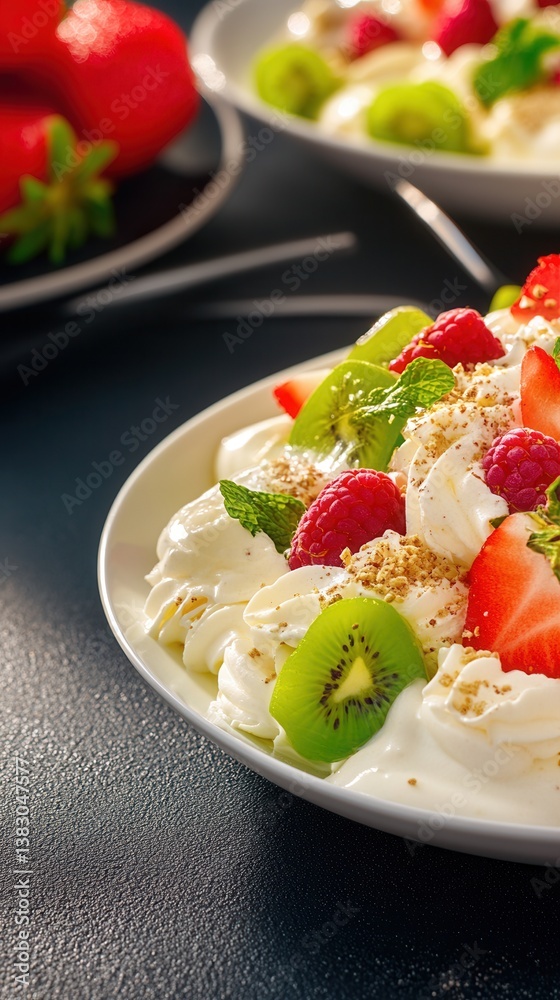 A team of food scientists developed this delicious dessert featu fresh strawberries, raspberries, kiwi, whipped cream, and toasted sesame seeds creating a vibrant and healthy A team of food scientists developed this delicious dessert featu fresh strawberries, raspberries, kiwi, whipped cream, and toasted sesame seeds creating a vibrant and healthy