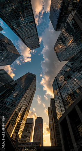 Low angle shot of several Skyscrapers-In a Business Environment-Blue Sky -White Clouds
