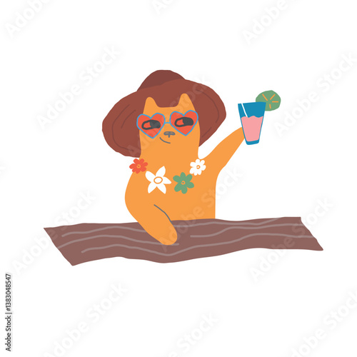 summer beach vibe cat png vector illustration on transparent background. cute cartoon red cat on holiday at the seaside. hand drawn vacation cat clip art drinking at the pool bar
