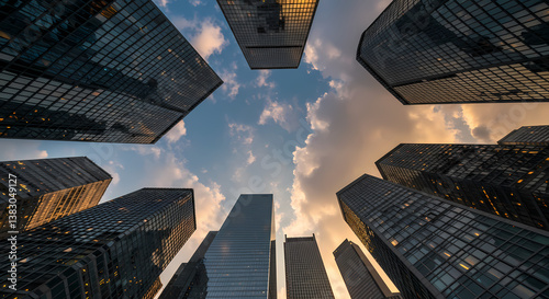 Low angle shot of several Skyscrapers-In a Business Environment-Blue Sky -White Clouds
