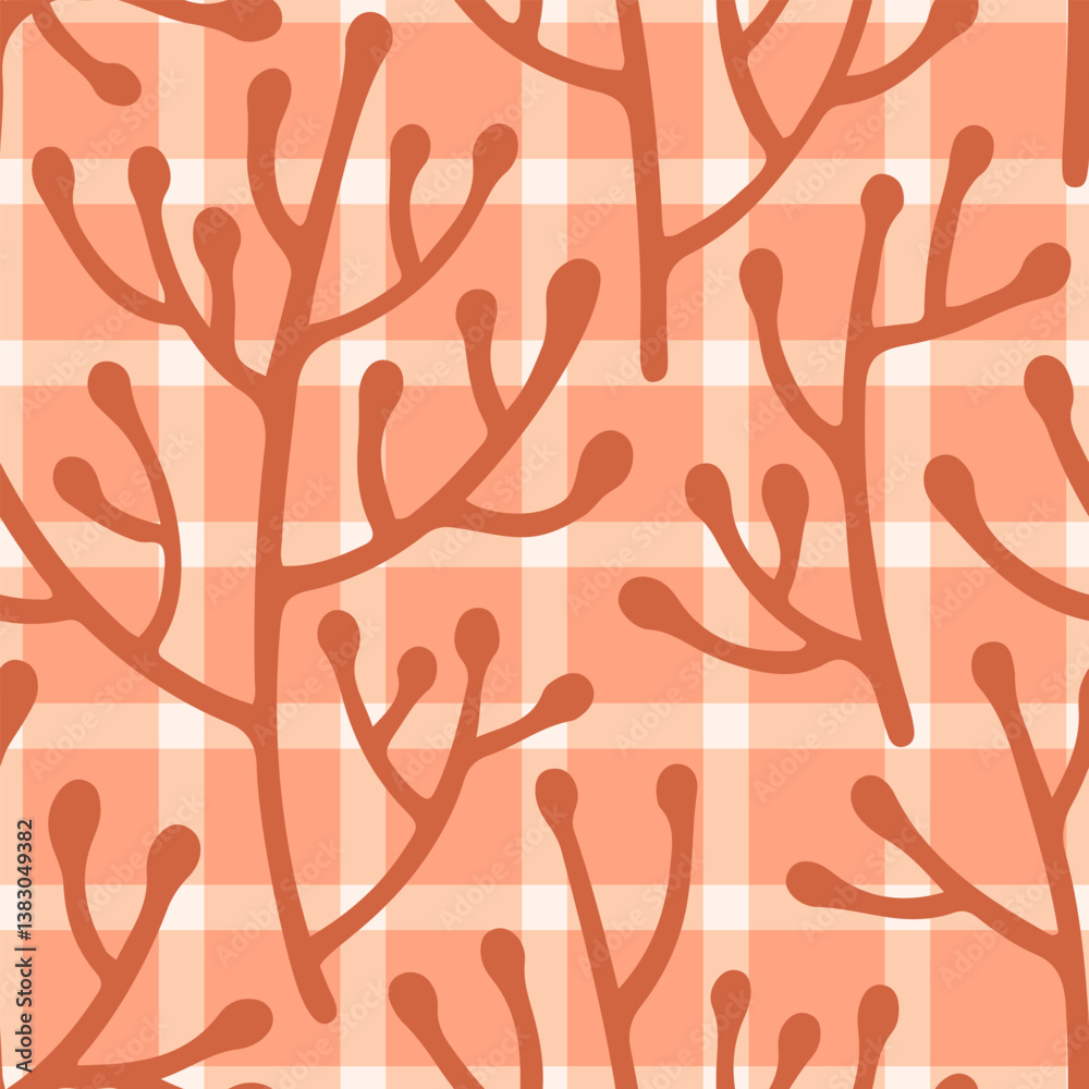 Fototapeta premium Terracotta Orange Branches on Soft Plaid Seamless Pattern