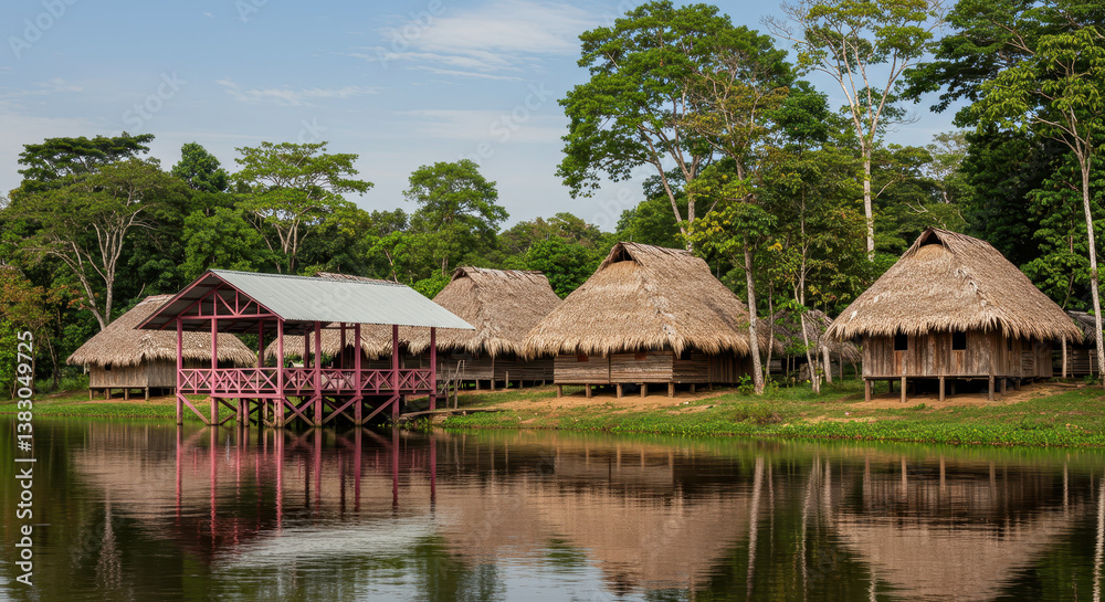 Amazon Village Serenity: Thatched Huts, Pink Pavilion & Reflections. Tropical Lakeside scene, Jungle Cabins, South America. Amazon Village Serenity: Thatched Huts, Pink Pavilion & Reflections. Tropical Lakeside scene, Jungle Cabins, South America.