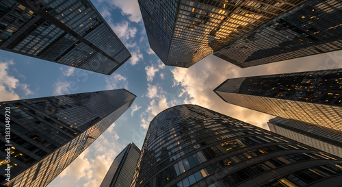 Low angle shot of several Skyscrapers-In a Business Environment-Blue Sky -White Clouds