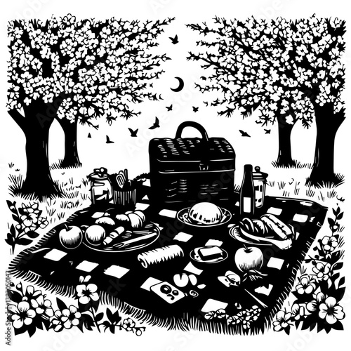 Circular Picnic Scene Vector Graphic. Detailed Black and White Illustration