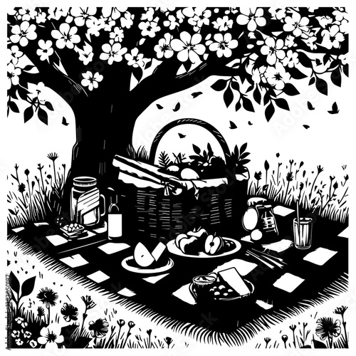 Circular Picnic Scene Vector Graphic. Detailed Black and White Illustration