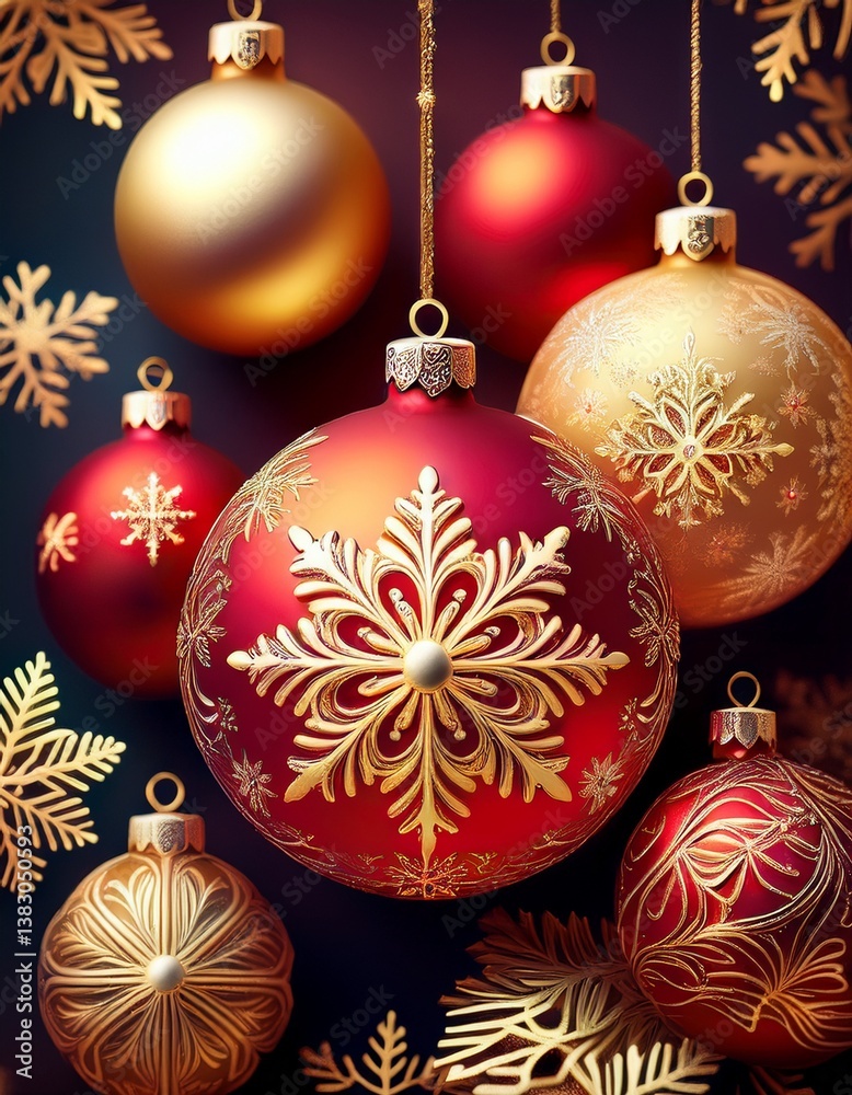 gold and red Christmas baubles with delicate snowflake designs gold and red Christmas baubles with delicate snowflake designs