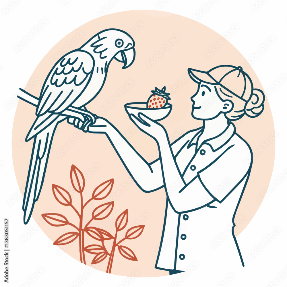 Fototapeta premium Woman offering a strawberry to a parrot sitting on a branch