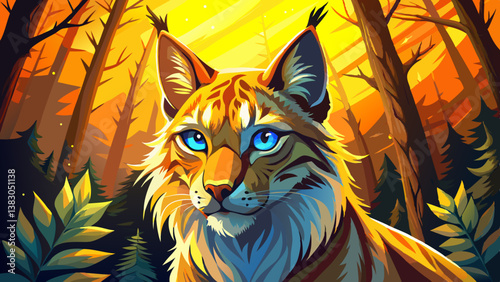 Golden sunlight bathes a majestic lynx, its piercing blue eyes gleaming in a tilt-shift forest