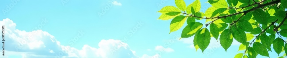 Leafy branches against a light blue sky with fluffy clouds, serene, tree Leafy branches against a light blue sky with fluffy clouds, serene, tree