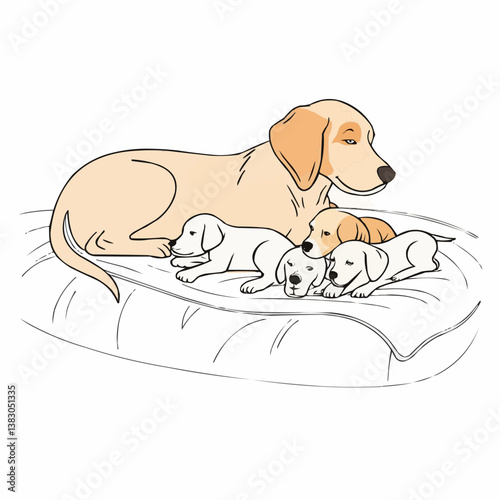 A mother dog with her puppies resting together on a cushion, displaying a heartwarming scene. The mother dog lovingly watches over her puppies. 