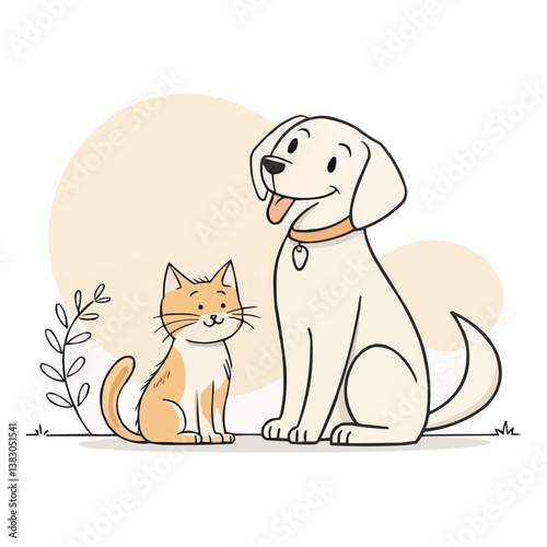 Illustration of a cute cat and a friendly dog posing together happily. The cat is orange and white and the dog is beige and they look so cheerful