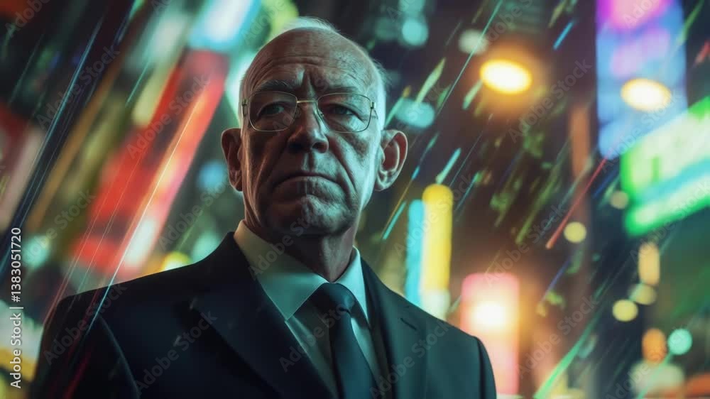 An older politician clad in a tailored suit tilts his head slightly his expression serious and contemplative. The diffused lights of neon signs and the vague outlines of skyscrapers