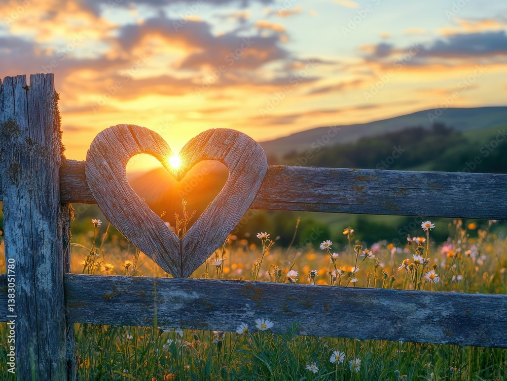 Fototapeta premium Heart on fence at sunset; meadow, nature, and mountains background for Valentines