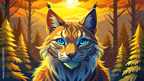 Golden sunlight bathes a majestic lynx, its piercing blue eyes gleaming in a tilt-shift forest