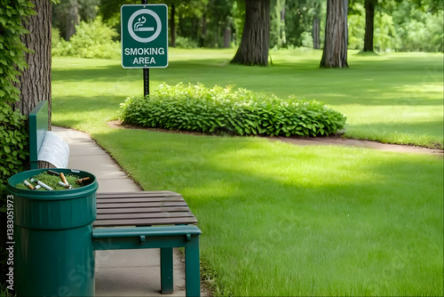 Smoking Area with Ashtray and Bench in a Green Outdoor Space