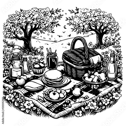 Circular Picnic Scene Vector Graphic. Detailed Black and White Illustration