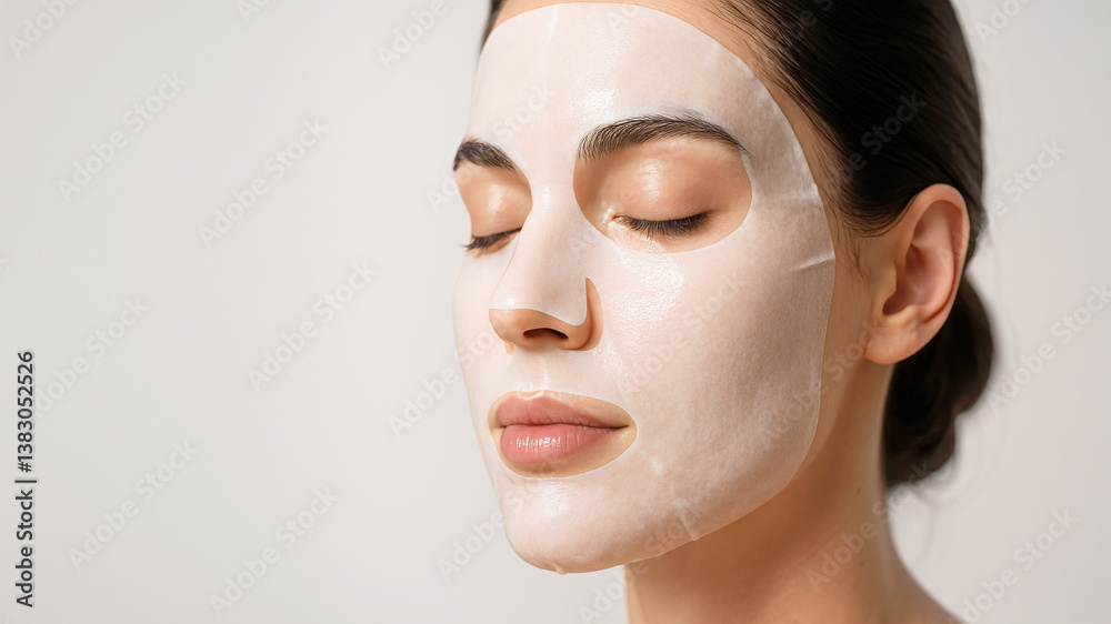 Woman with white sheet facial mask relaxing with closed eyes on light background Woman with white sheet facial mask relaxing with closed eyes on light background