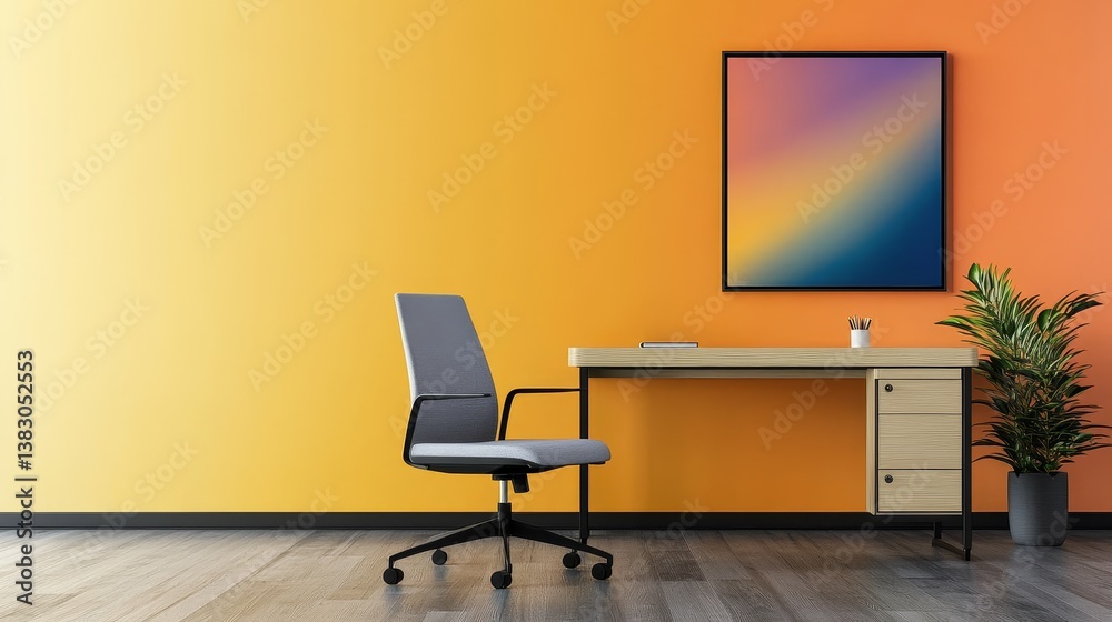 Modern workspace featuring a desk and chair against a vibrant orange wall with abstract art Modern workspace featuring a desk and chair against a vibrant orange wall with abstract art