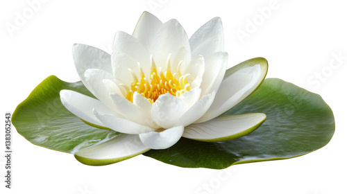 A close up of a white water lily with yellow center sitting on a green lily pad on black background