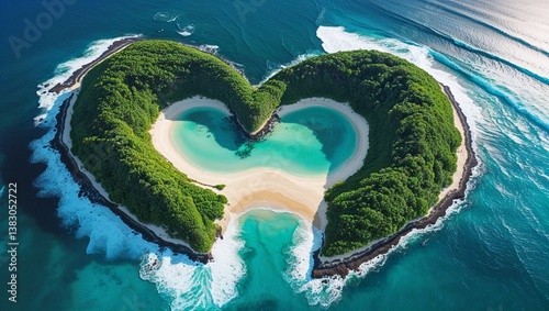 Heart-shaped earth and sky with tropical island beach and crystal-clear waters in a paradise landscape