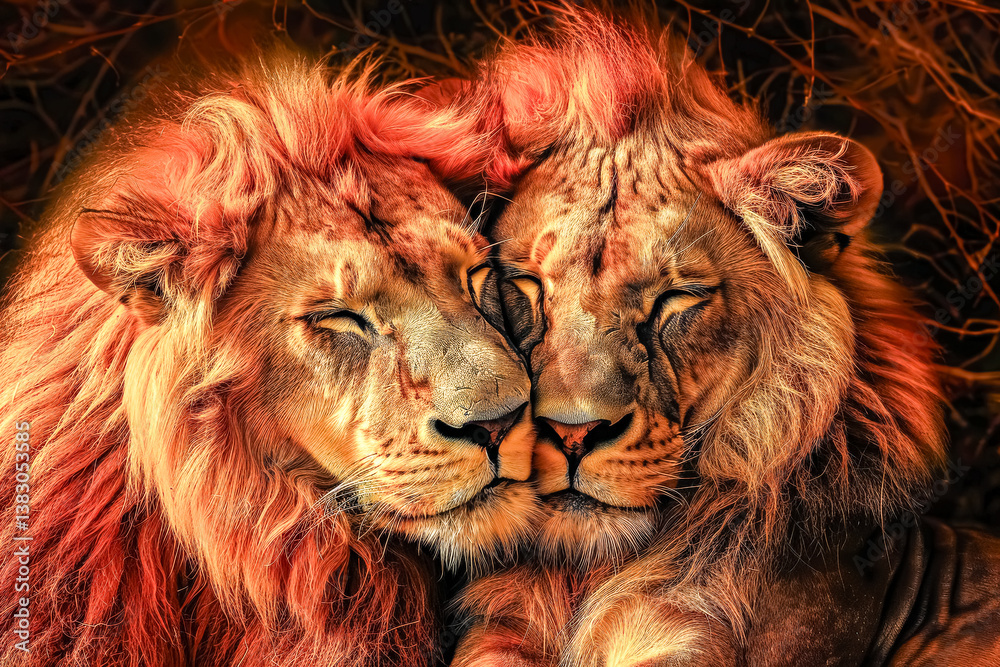 Fototapeta premium Two lions are hugging each other