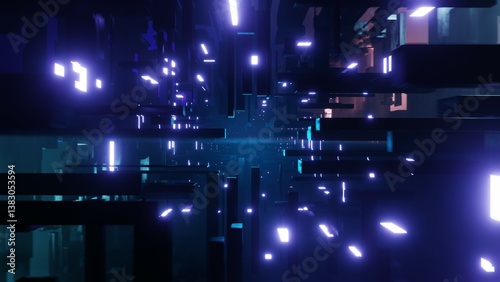 Futuristic high tech tunnel with blinking neon ribbons. 3d render illustration