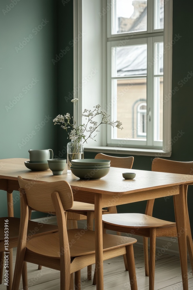 Serene dining room scene with wooden table chairs green tableware and delicate white flowers in vase by window Serene dining room scene with wooden table chairs green tableware and delicate white flowers in vase by window