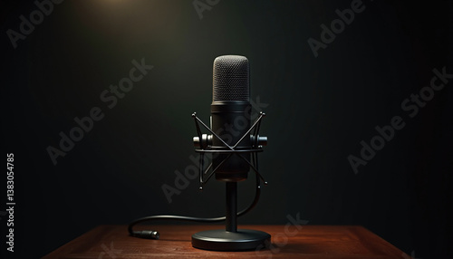 sleek microphone stands on wooden table, illuminated by soft light, creating dark and moody atmosphere perfect for podcasting