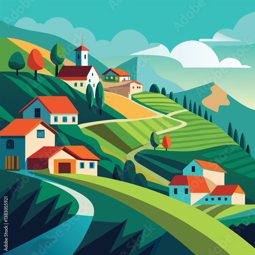 Tranquil Hilltop Settlement with White Houses, Red Roofs, and a Watchtower in the Distance