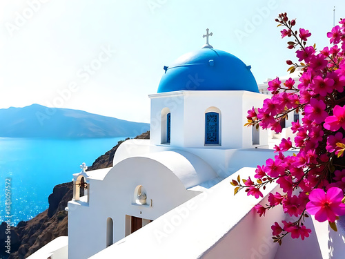 Greek island church with blue color dome isolated on white transparent background. PNG, Cyclades Greece