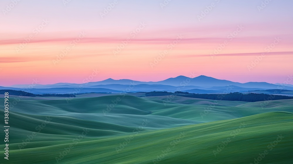 A serene landscape with rolling green hills under a pastel sunset, showcasing layers of distant mountains and soft skies. A serene landscape with rolling green hills under a pastel sunset, showcasing layers of distant mountains and soft skies.