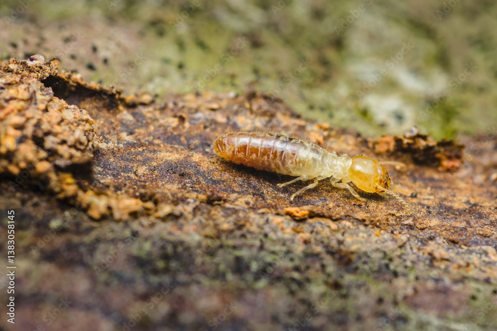 Fototapeta premium Termite worker walking on decaying wood in natural habitat