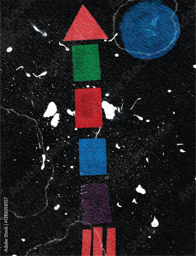 Watercolor background with rocket ship launching into a dark night sky filled with stars