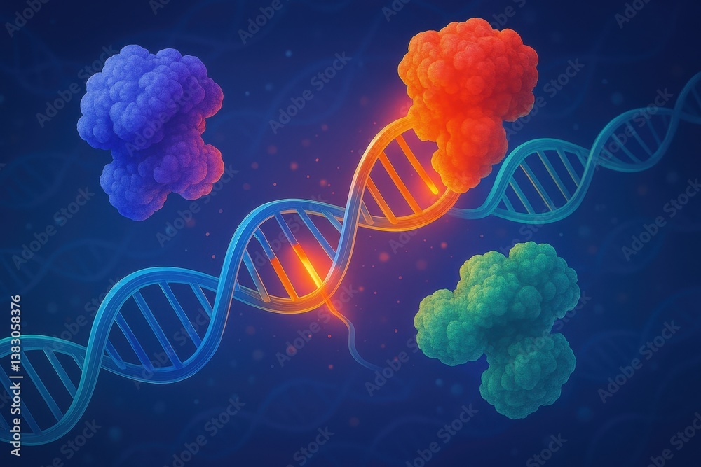 Futuristic DNA structures with glowing effects and molecular elements