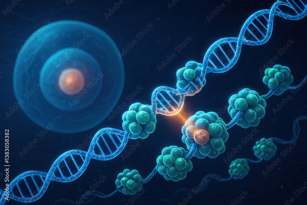 Futuristic DNA structures with glowing effects and molecular elements