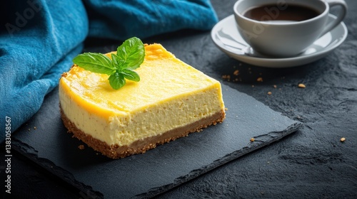 A delightful slice of keto-friendly cheesecake sits on a slate plate next to a cup of coffee in a cozy coffee shop setting perfect for a healthy and delicious treat.
