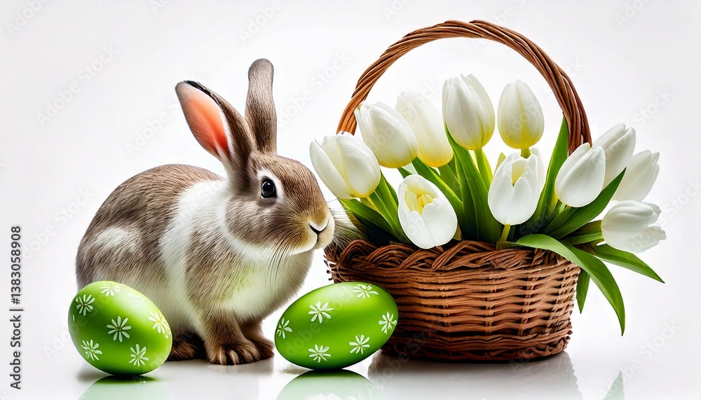 Easter background with rabbit, green eggs and white tulips