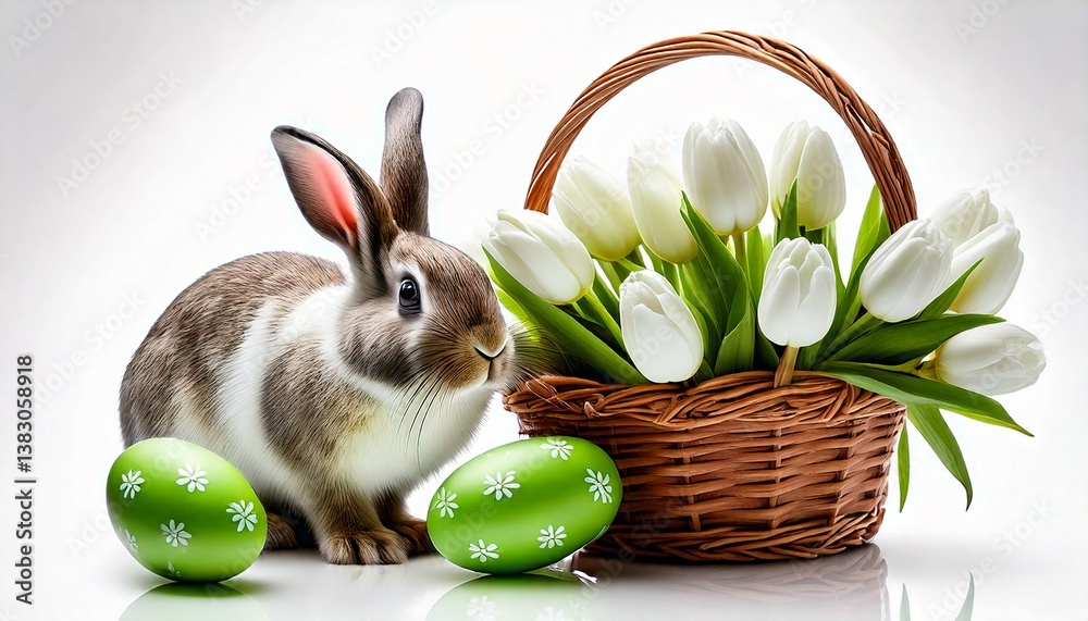 Easter background with rabbit, green eggs and white tulips