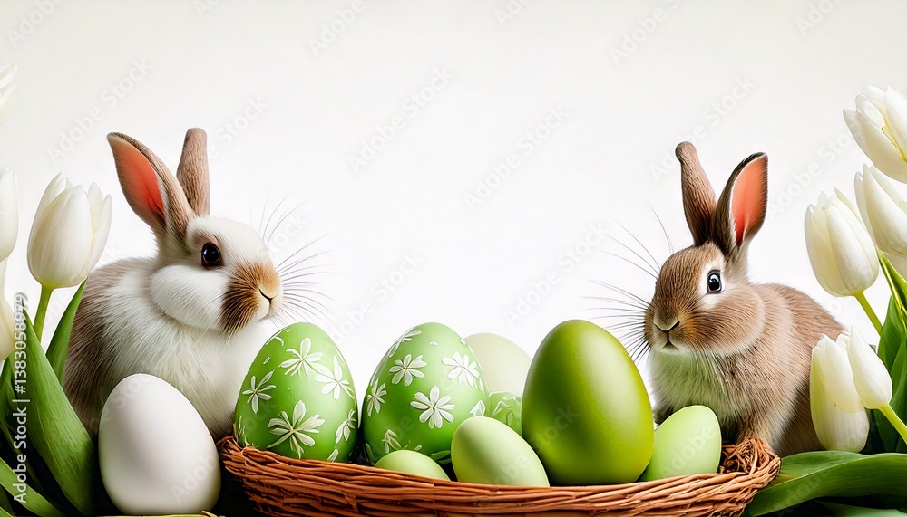 Easter background with bunnies, green eggs and white tulips
